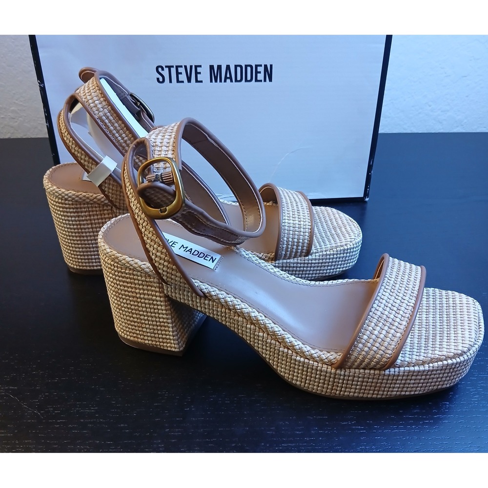 Steve Madden Ivee Tan Woven Platform Block Heel Sandals Womens 7.5 NEW